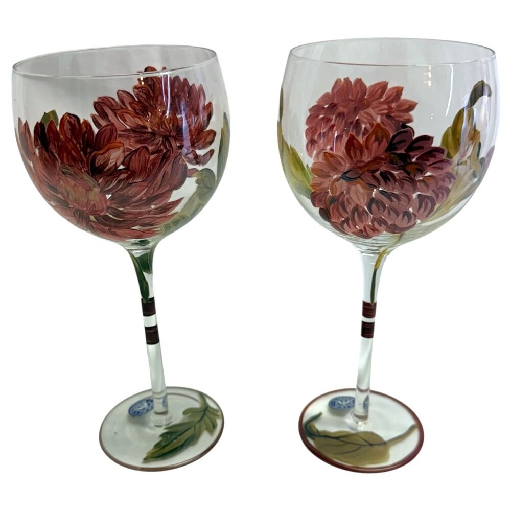 2 BLOCK Basics‎ Hand Painted Floral Balloon Wine Goblets Glass Mum Chrysanthemum